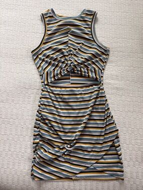 Striped Twist-Front Tank Dress in Blue, Mustard & White